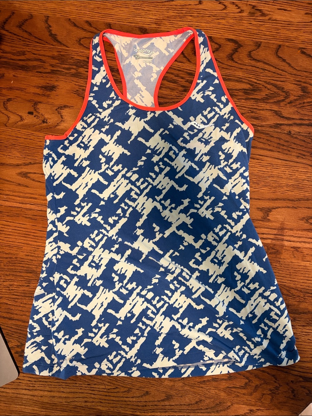 Saucony Blue and White Printed Racerback Tank with Coral Trim